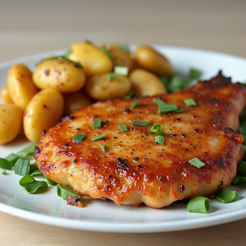 Juicy and crispy chicken chop recipe served with vegetables and rice.