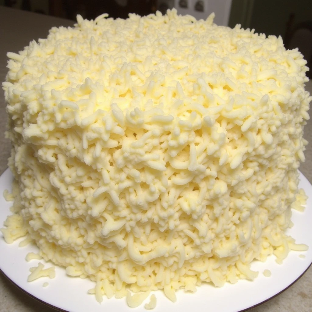 A moist and fluffy coconut cake topped with creamy coconut frosting and shredded coconut, served on a white plate.