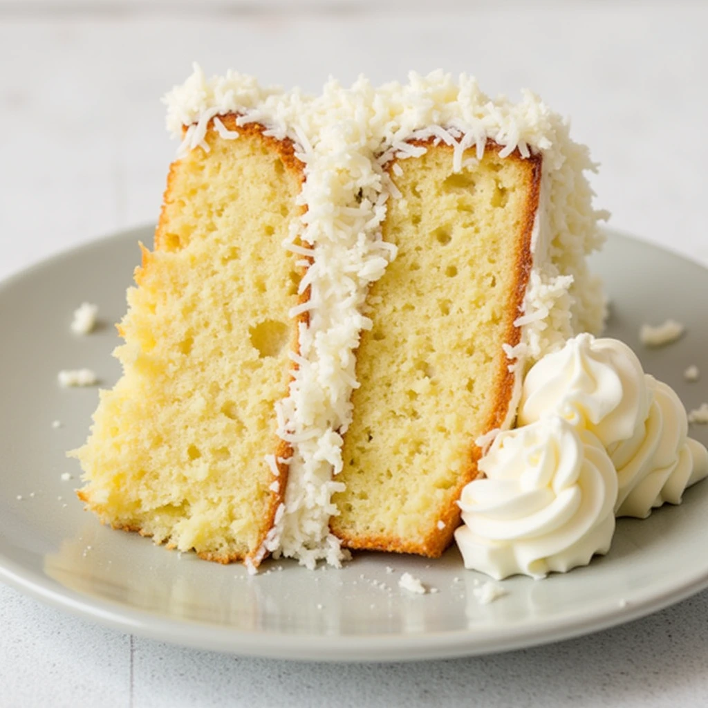 A moist and fluffy coconut cake topped with creamy coconut frosting and shredded coconut, served on a white plate.