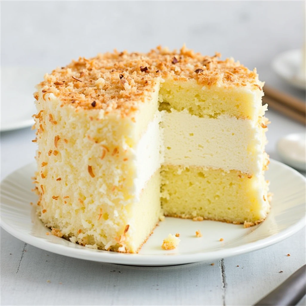 A moist and fluffy coconut cake topped with creamy coconut frosting and shredded coconut, served on a white plate.