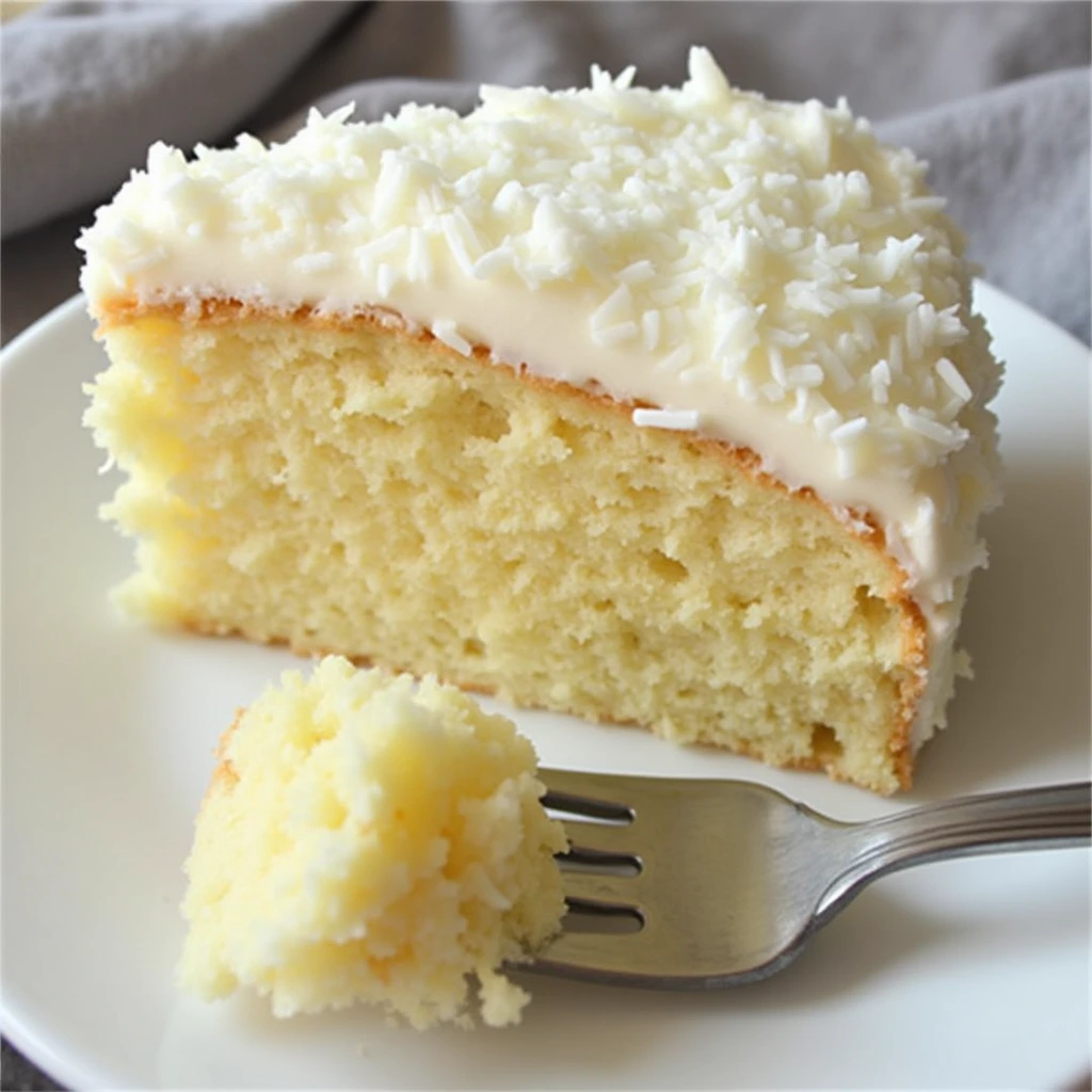 A moist and fluffy coconut cake topped with creamy coconut frosting and shredded coconut, served on a white plate