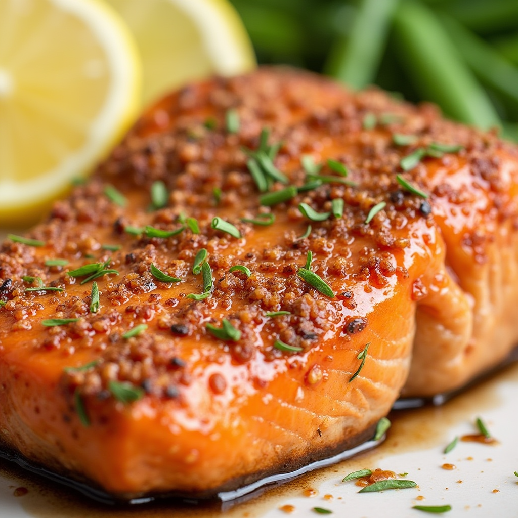  A vibrant bowl of mixed spices next to a perfectly grilled salmon fillet garnished with lemon wedges, symbolizing a healthy, sugar-free salmon rub recipe.