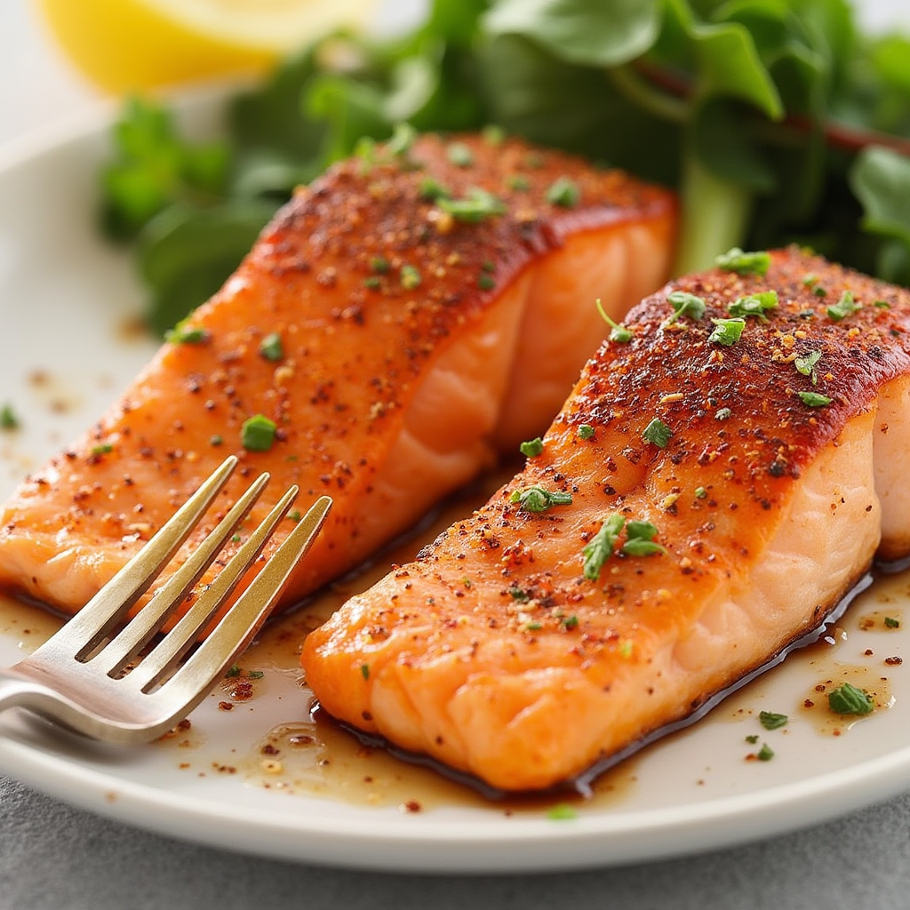 A vibrant bowl of mixed spices next to a perfectly grilled salmon fillet garnished with lemon wedges, symbolizing a healthy, sugar-free salmon rub recipe.