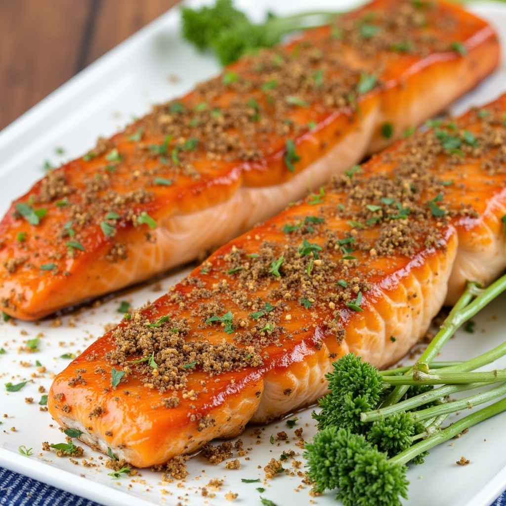 A vibrant bowl of mixed spices next to a perfectly grilled salmon fillet garnished with lemon wedges, symbolizing a healthy, sugar-free salmon rub recipe.