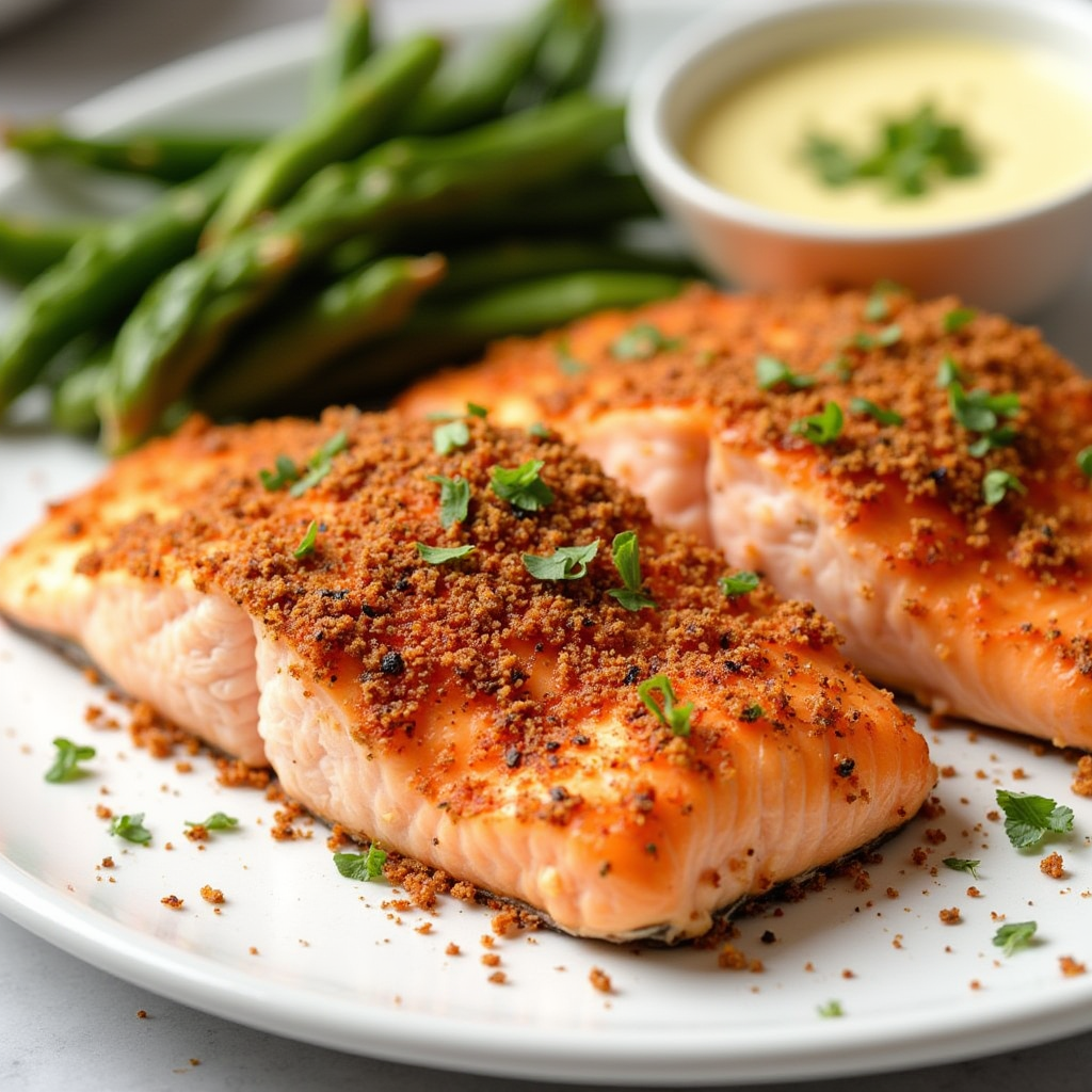 A vibrant bowl of mixed spices next to a perfectly grilled salmon fillet garnished with lemon wedges, symbolizing a healthy, sugar-free salmon rub recipe.