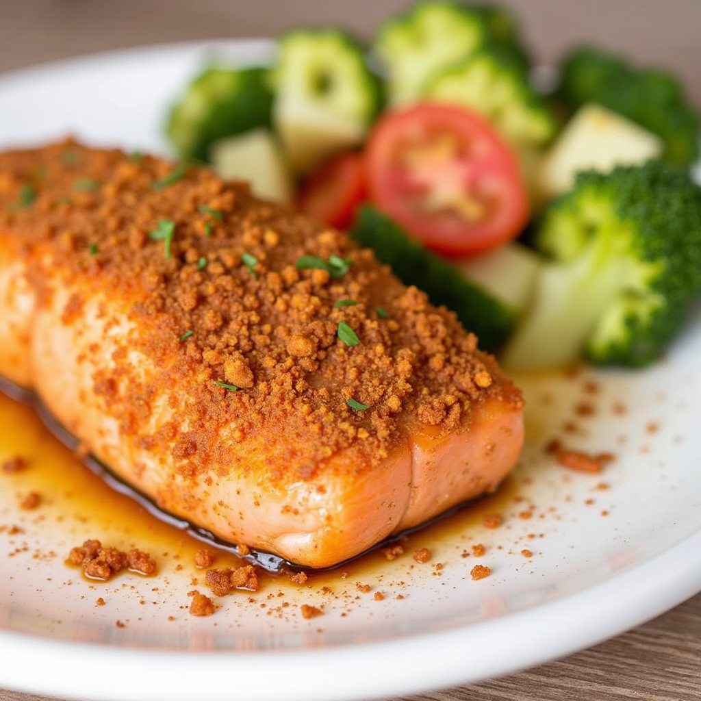 A vibrant bowl of mixed spices next to a perfectly grilled salmon fillet garnished with lemon wedges, symbolizing a healthy, sugar-free salmon rub recipe.