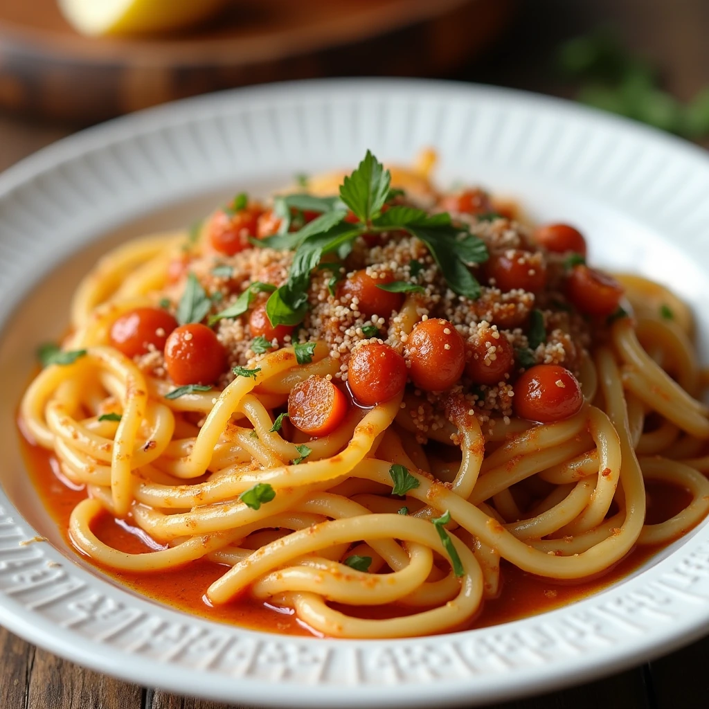  A plate of Turkish pasta with creamy yogurt sauce, spiced tomato topping, and fresh parsley garnish.