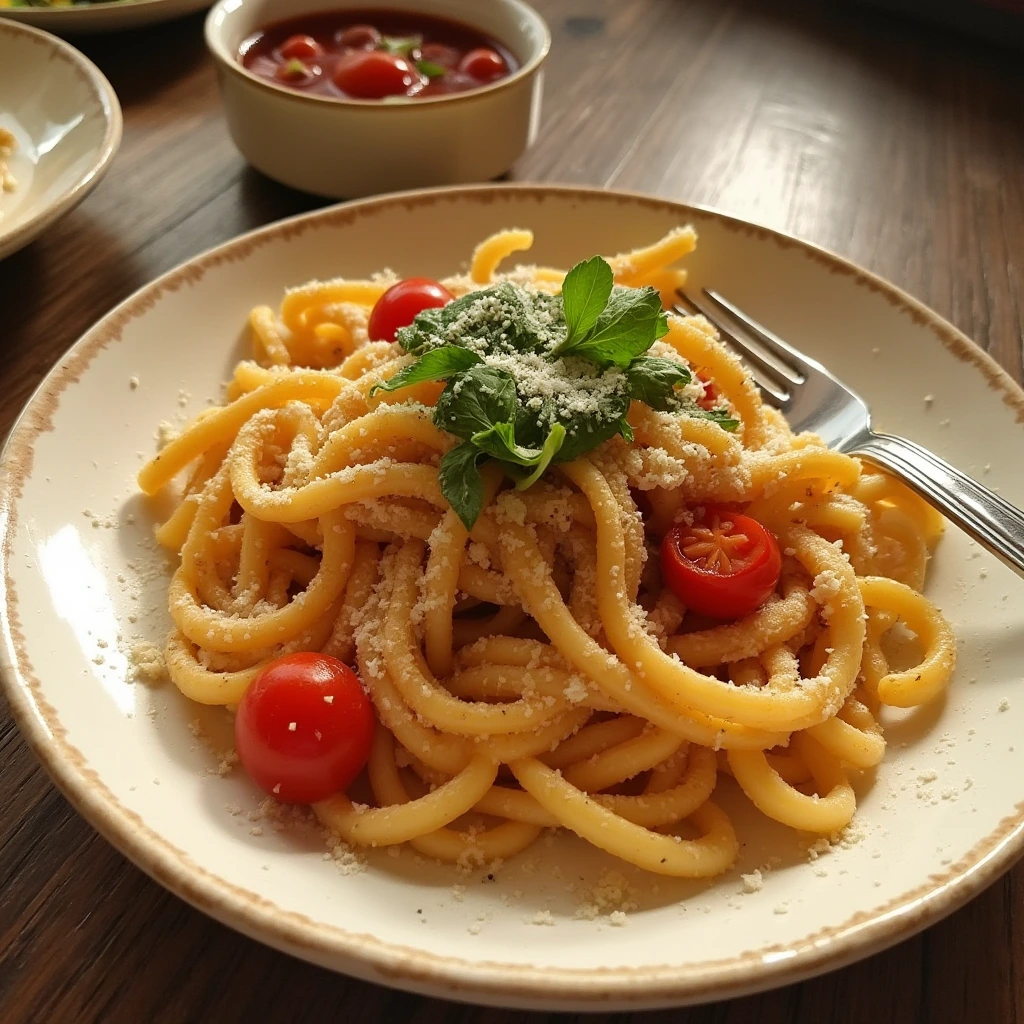 A plate of Turkish pasta with creamy yogurt sauce, spiced tomato topping, and fresh parsley garnish.