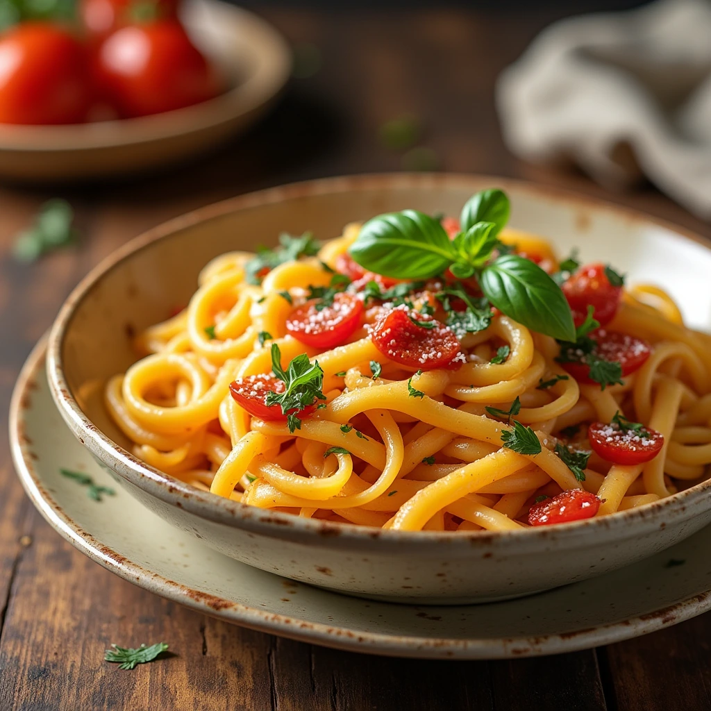 A plate of Turkish pasta with creamy yogurt sauce, spiced tomato topping, and fresh parsley garnish.