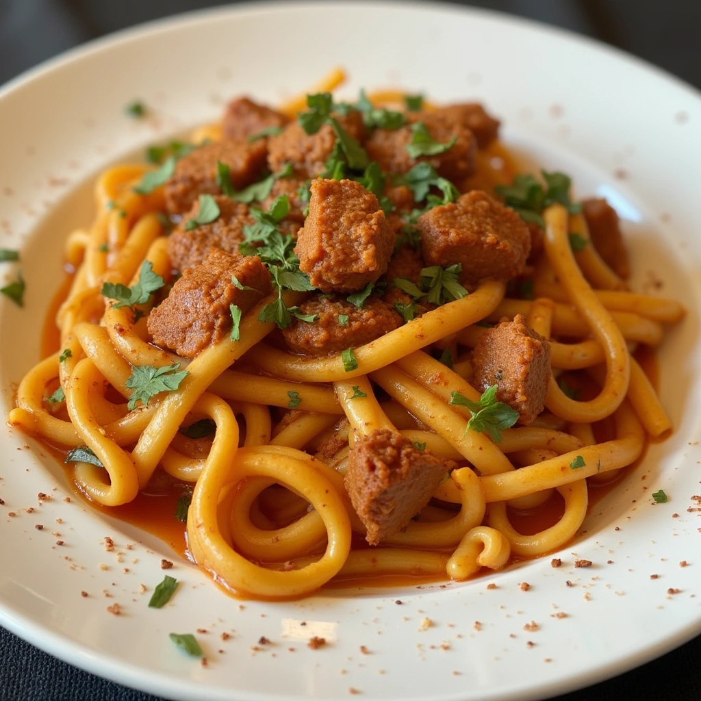  A plate of Turkish pasta with creamy yogurt sauce, spiced tomato topping, and fresh parsley garnish.