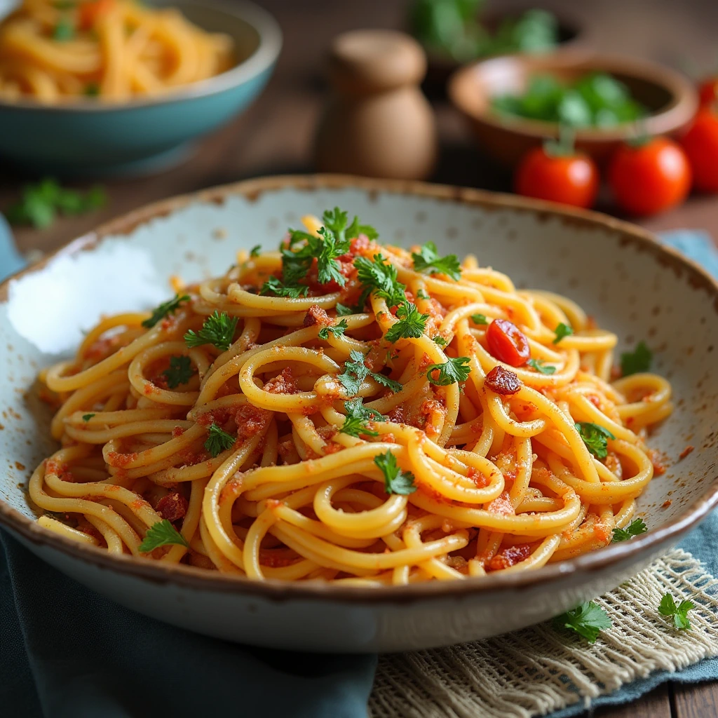 A plate of Turkish pasta with creamy yogurt sauce, spiced tomato topping, and fresh parsley garnish.