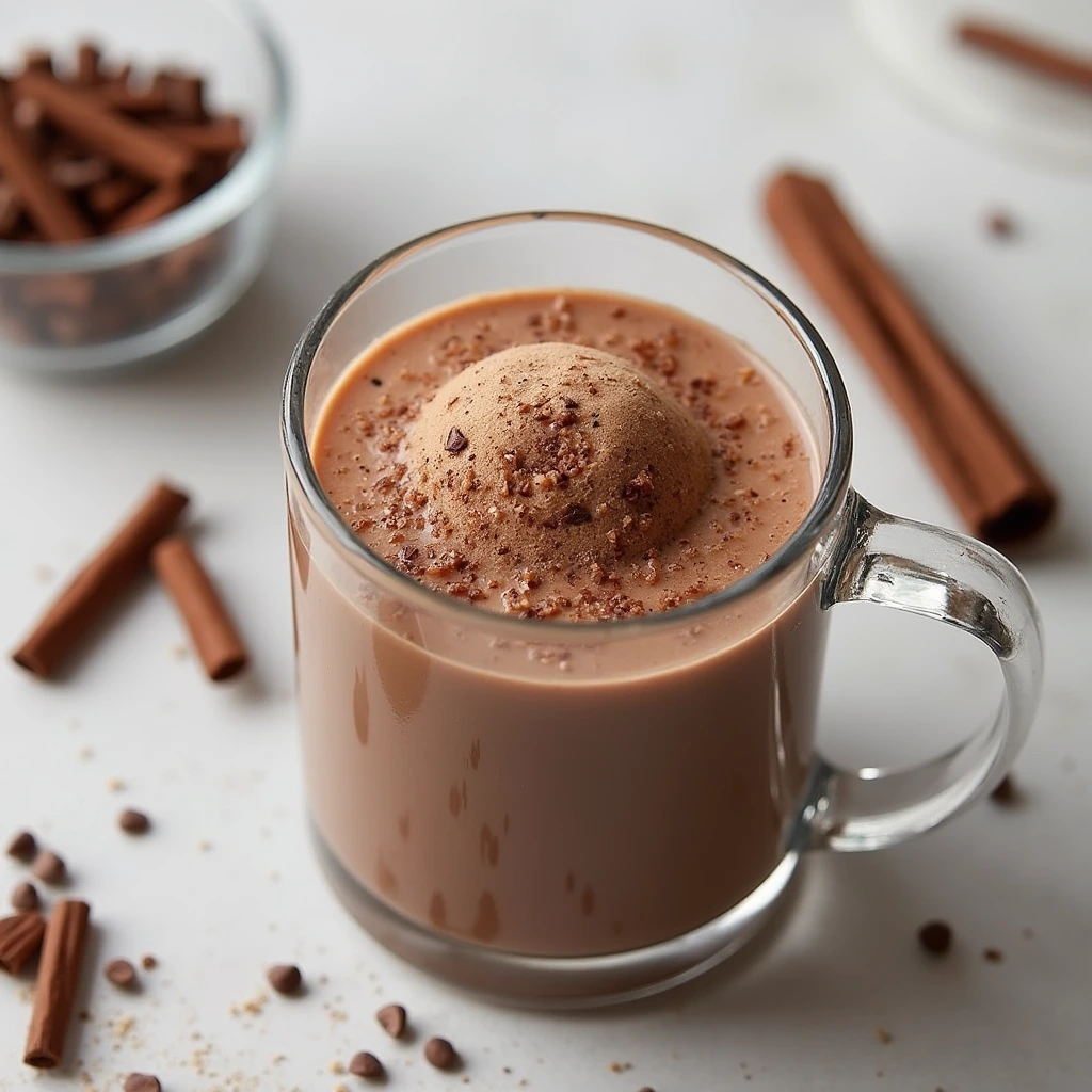 A cozy cup of bone broth hot chocolate with a sprinkle of cinnamon, perfect for winter warmth and nutrition