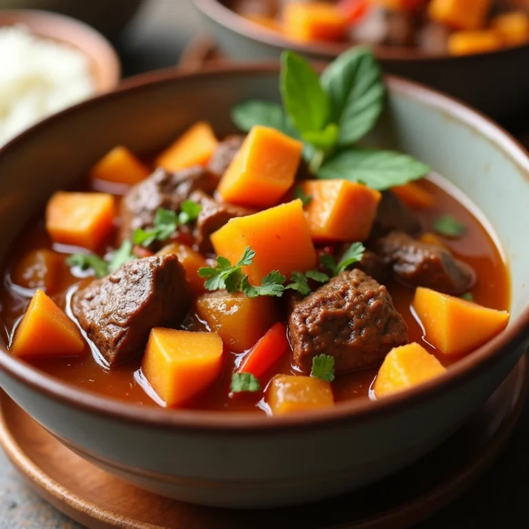 Traditional Hawaiian Beef Stew served in a bowl with fresh herbs and vegetables, showcasing a hearty and flavorful island dish.