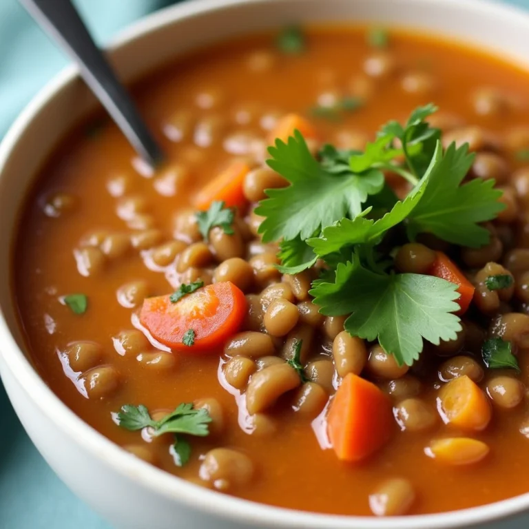 A bowl of homemade lentil soup, garnished with fresh parsley, showcasing a healthy and hearty meal.