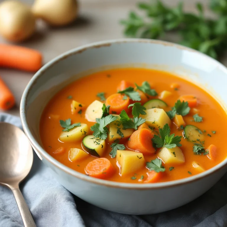 A bowl of low FODMAP vegetable soup with carrots, potatoes, and fresh herbs on a rustic wooden table