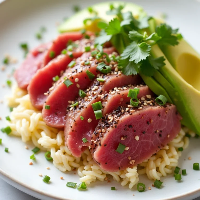 Fresh ahi tuna slices served with avocado and sesame seeds, prepared without searing.