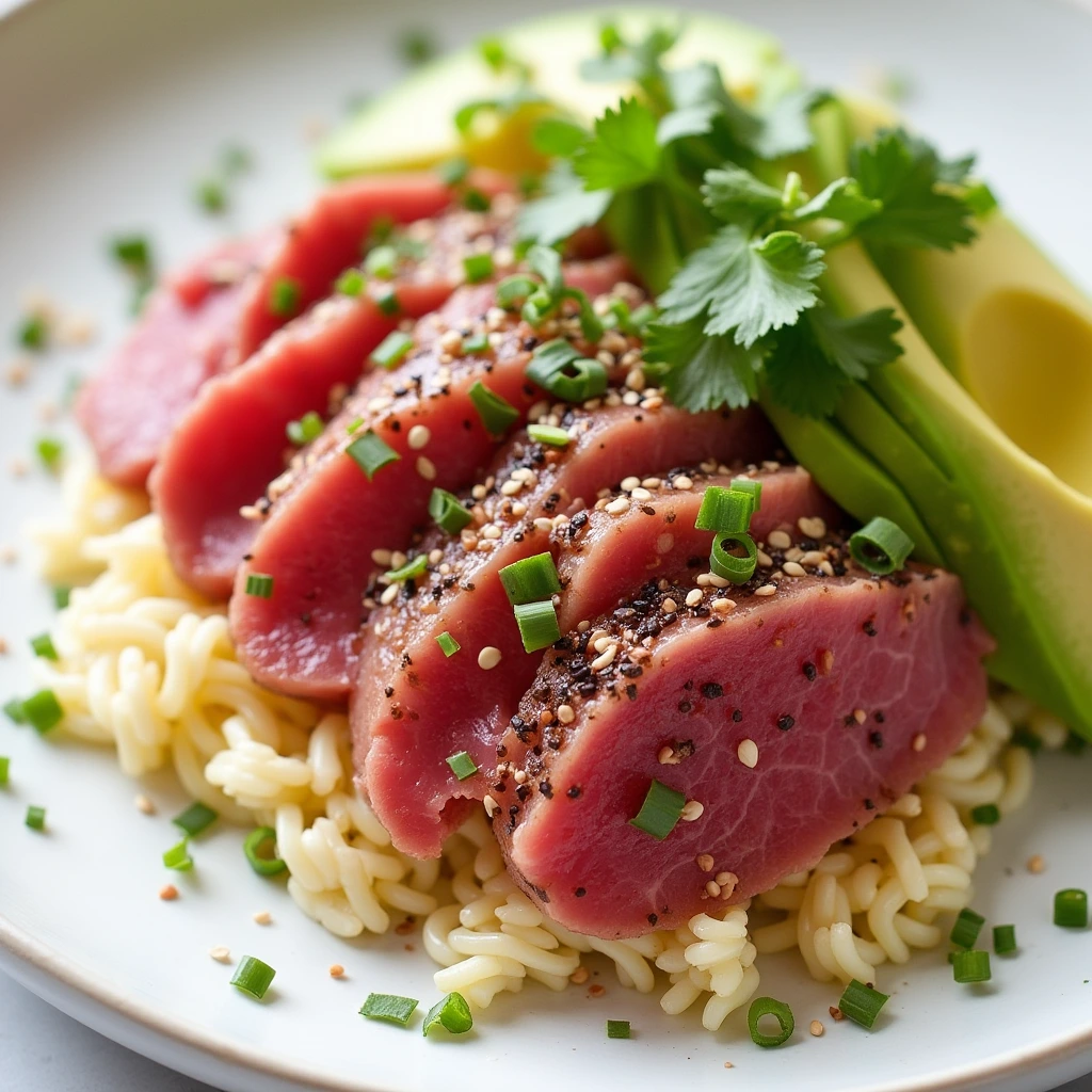 Fresh ahi tuna slices served with avocado and sesame seeds, prepared without searing.