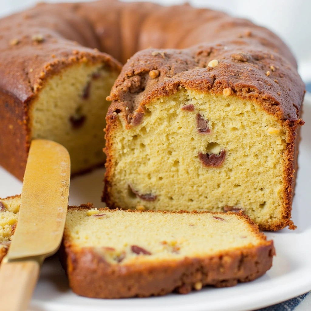 Delicious butter pecan pound cake with a golden, moist texture and toasted pecans on top