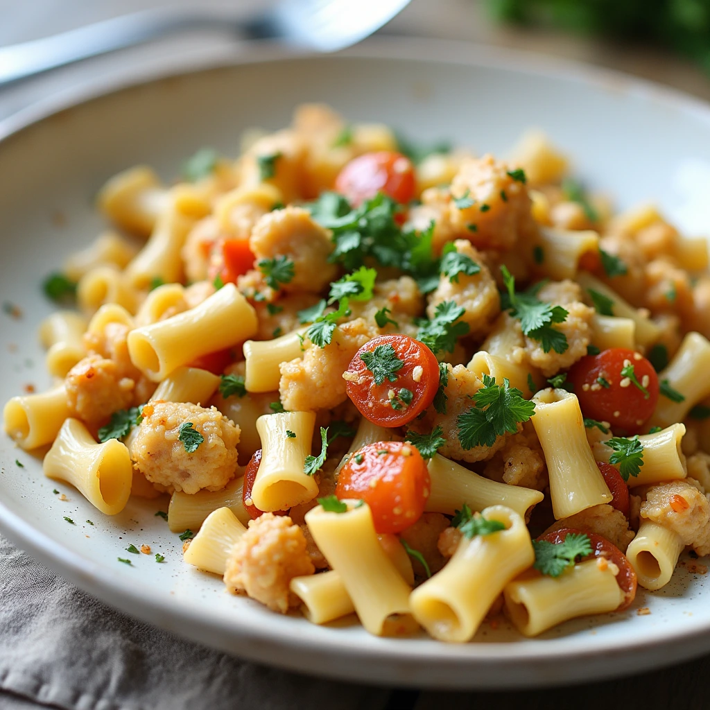 Healthy chicken and bow tie pasta recipe served with fresh vegetables