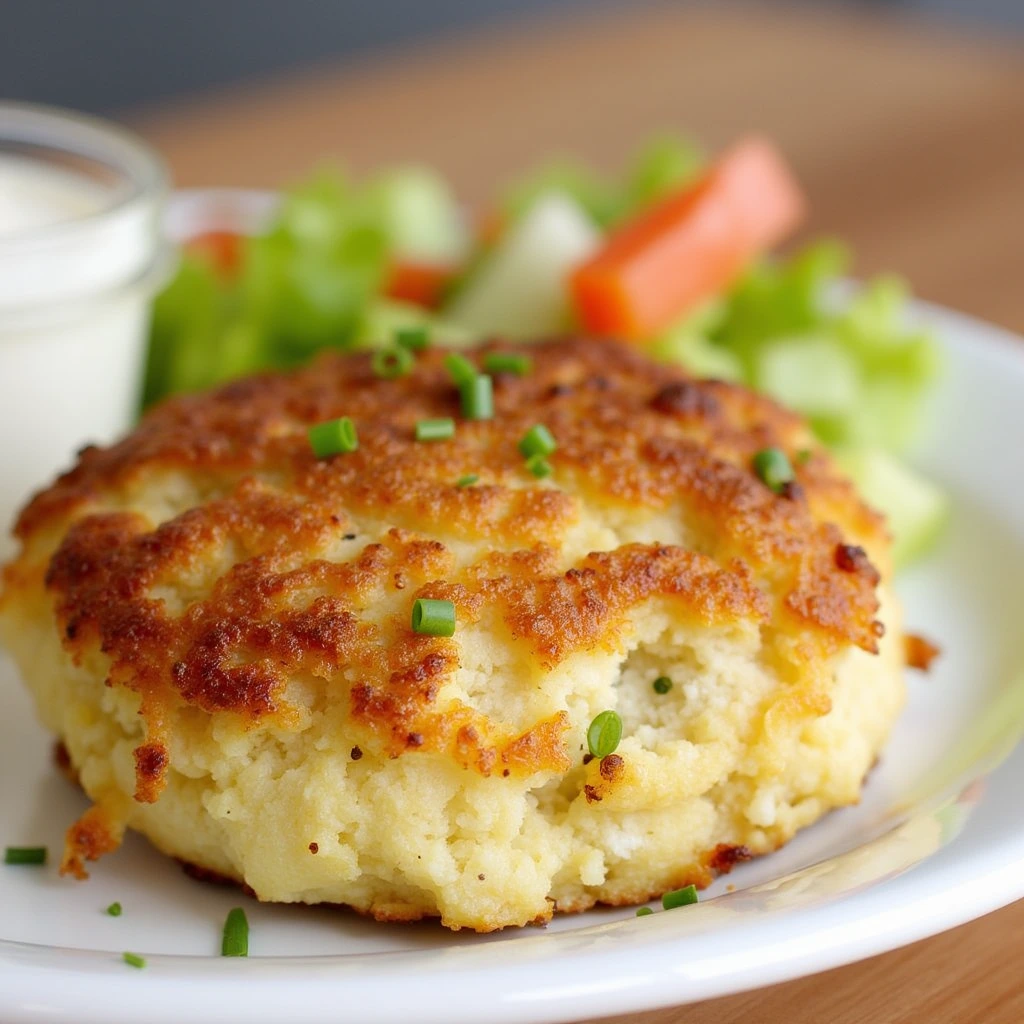 Golden-brown Phillips crab cakes served with lemon wedges and dipping sauce on a white plate