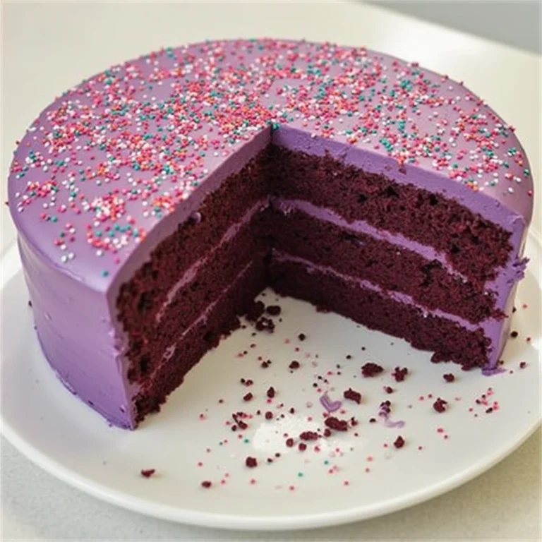 Step-by-step image of a freshly baked purple velvet cake with cream cheese frosting, sliced to reveal its vibrant layers.
