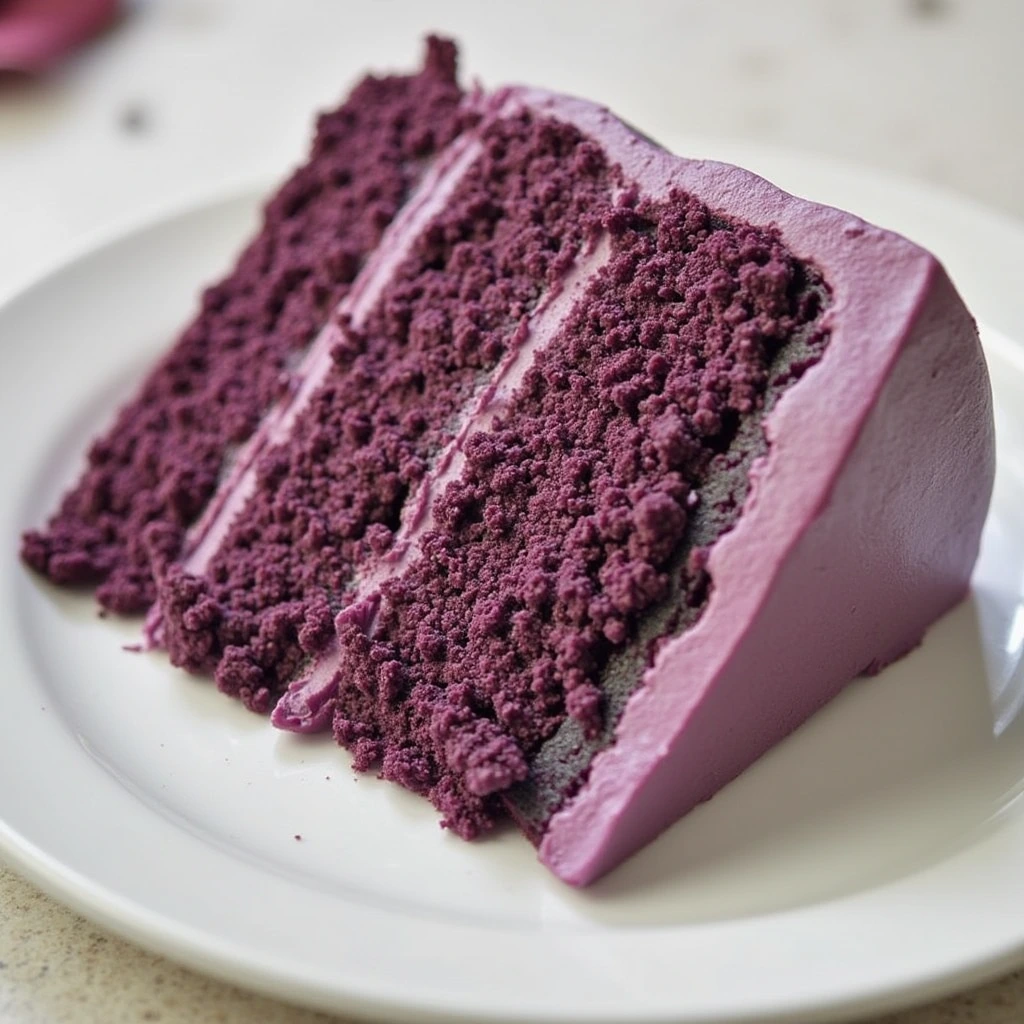 Step-by-step image of a freshly baked purple velvet cake with cream cheese frosting, sliced to reveal its vibrant layers.