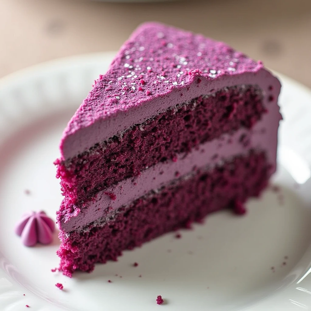 Step-by-step image of a freshly baked purple velvet cake with cream cheese frosting, sliced to reveal its vibrant layers.