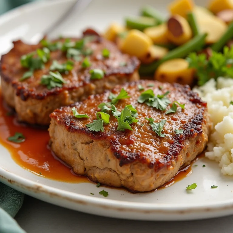 Juicy Salisbury steak made with ground chicken served with mushroom gravy and vegetables