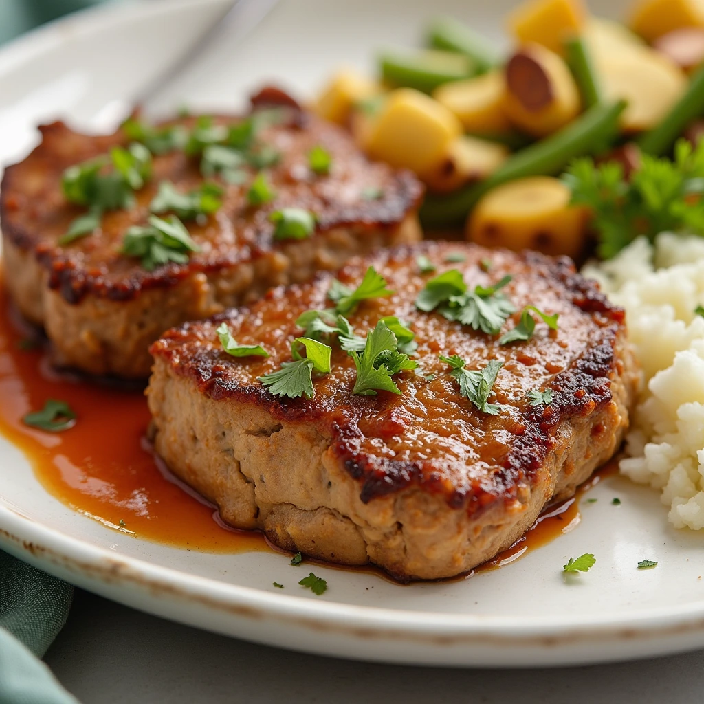Juicy Salisbury steak made with ground chicken served with mushroom gravy and vegetables