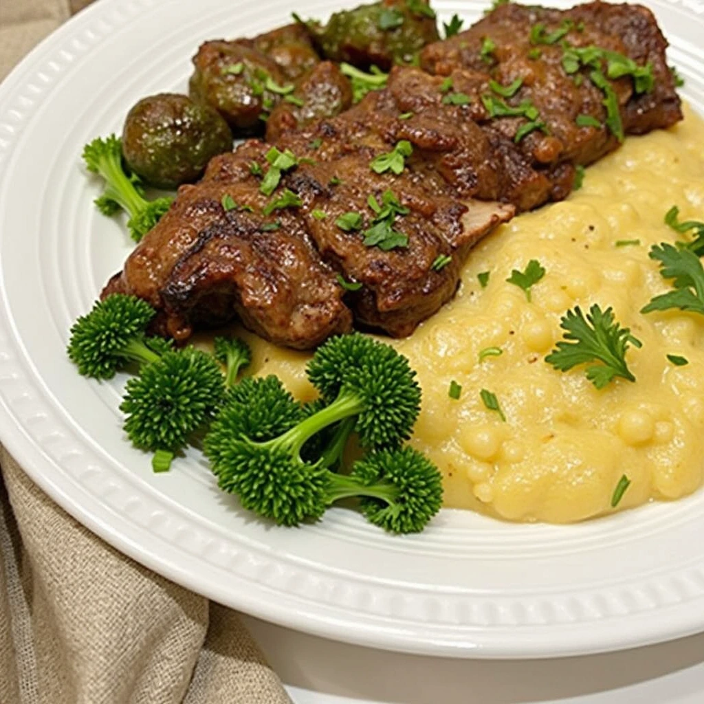 Gourmet dish made from leftover beef fillet served with vegetables and sauce
