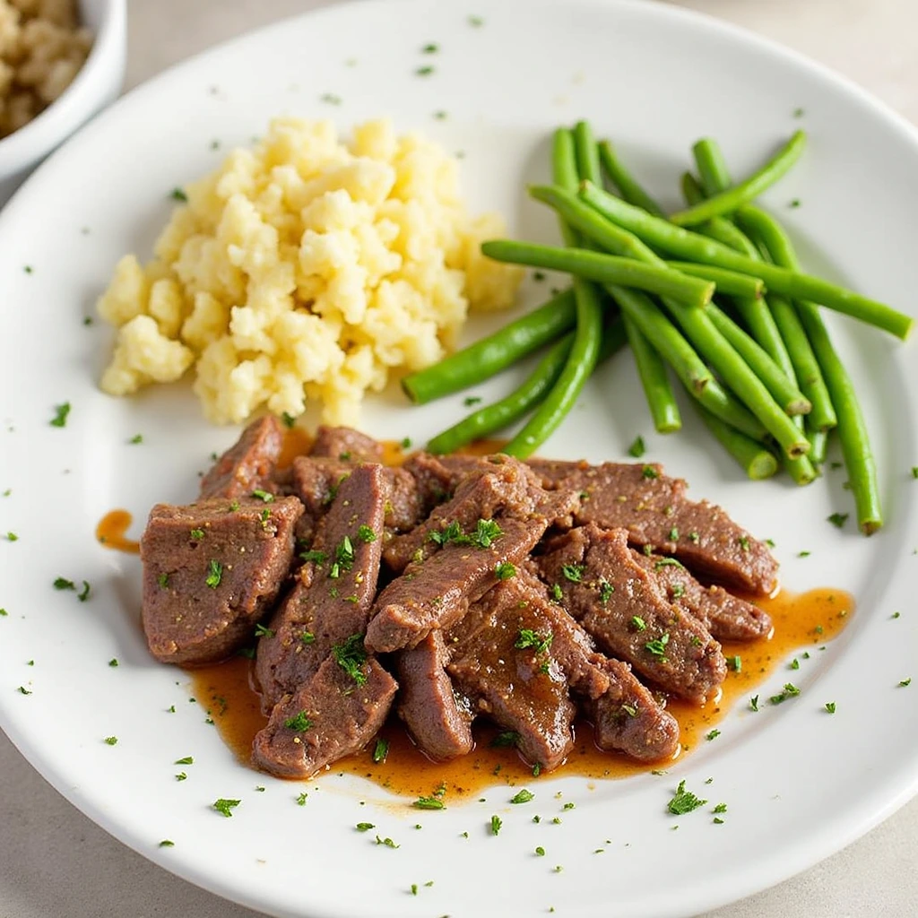 Gourmet dish made from leftover beef fillet served with vegetables and sauce